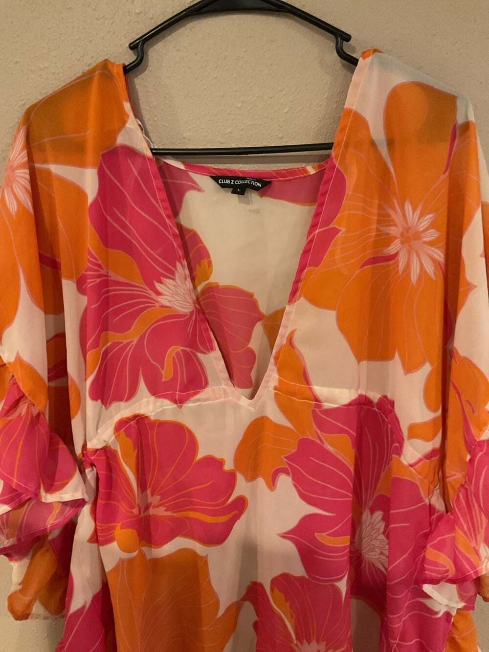 Club Z Collection Floral Ruffle Sleeve V-Neck Coverup Top - Picture 2 of 2